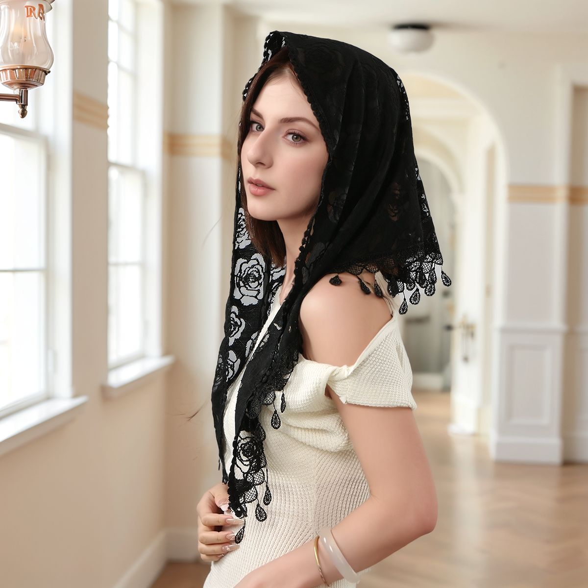 New Women's Rose Vintage Lace Embroidered Triangle Scarf, Comfortable Shawl