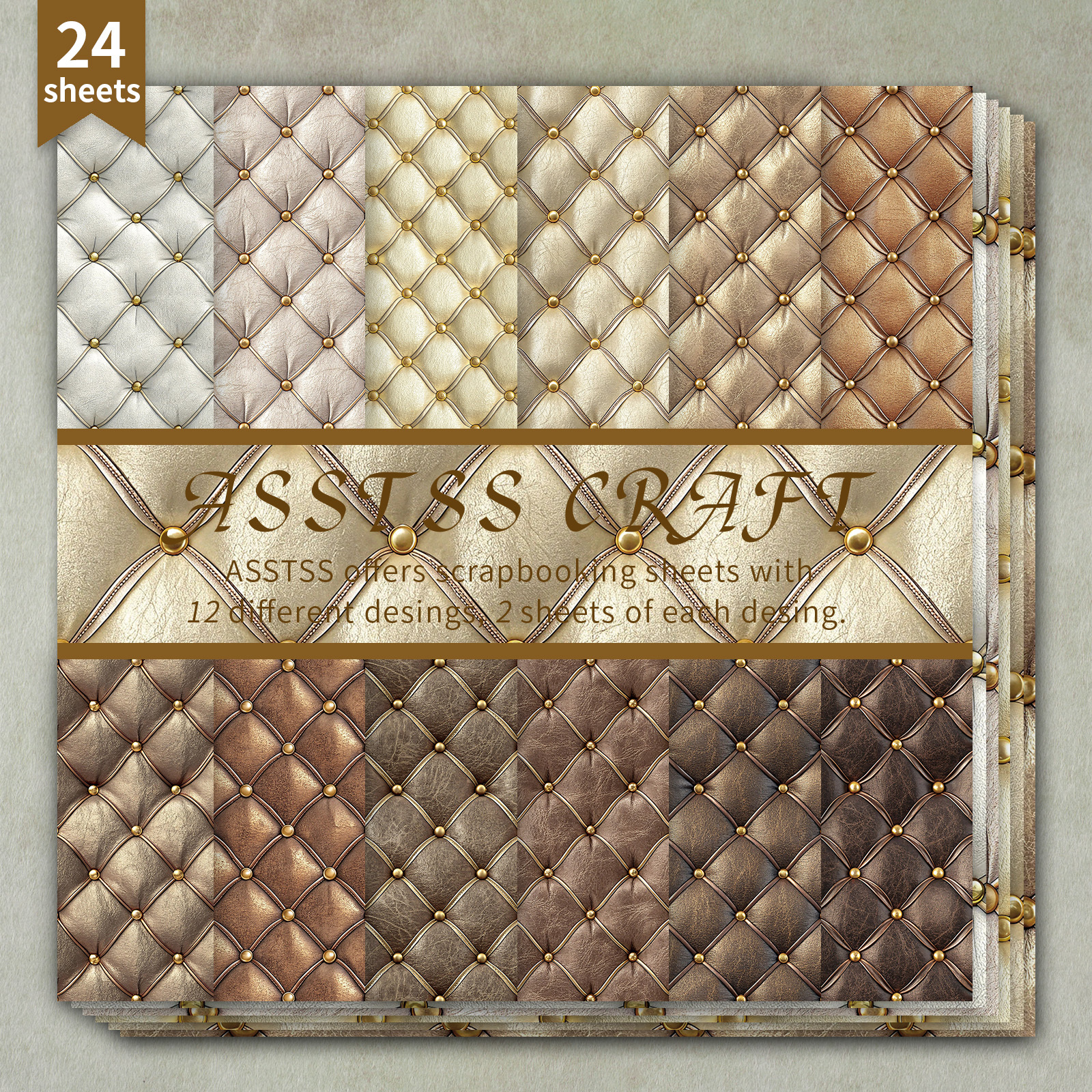 TEMU Bloc de papier scrapbooking 24 feuilles 6*6 pouces, style luxe avec rivets en cuir matelassé diamant, papier épais pour journaling, collage,