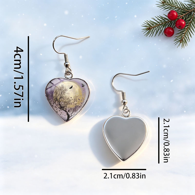 Unisex Glass Dome Dangle Earrings, Bare Tree & Purple Moon