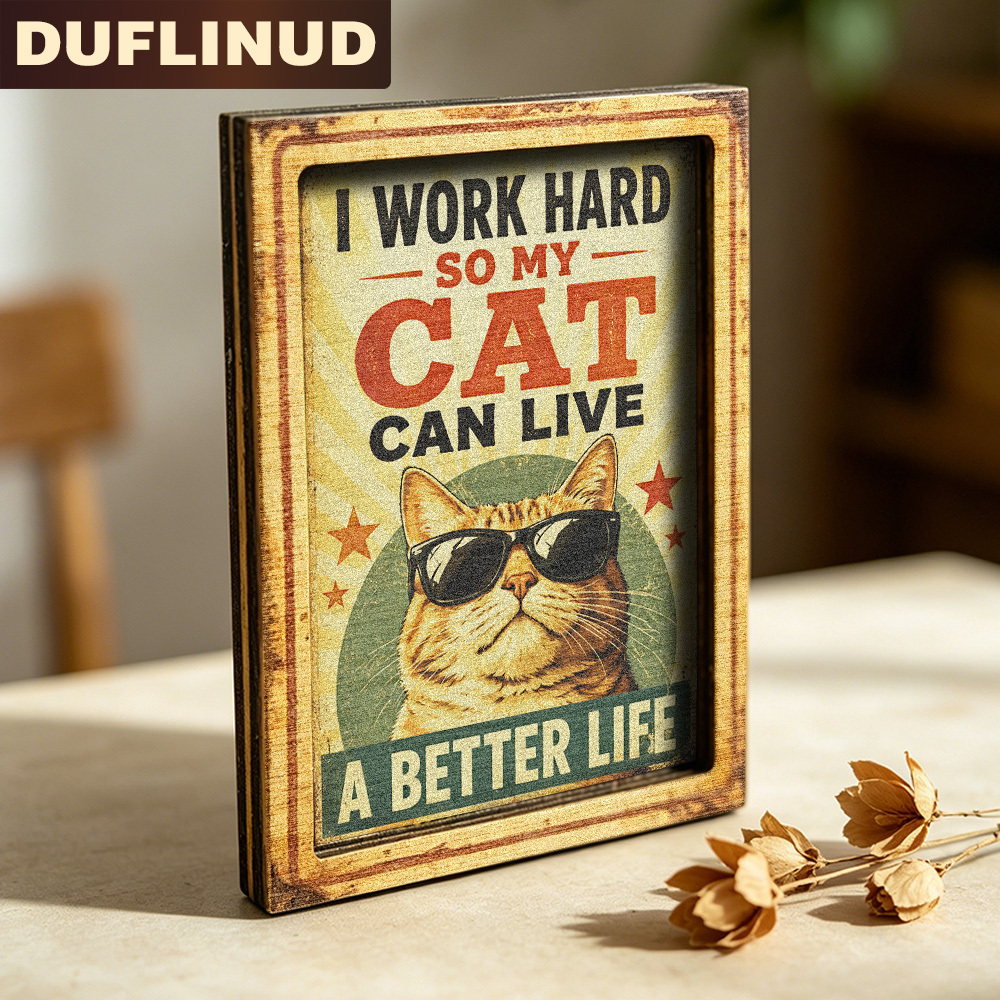 TEMU Retro Cat Fridge Magnet, Mini Decorative Plaque Of A Cat Wearing Sunglasses, Fun Text Design, Wooden Fridge Sticker, Refrigerator Door