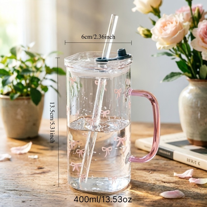 TEMU 1pc/400 High Borosilicate Glass Cup, Easy Square Water Cup, High-temperature Resistant With Lid And Handle Glass Cup, Straw Cup, Milk Cup