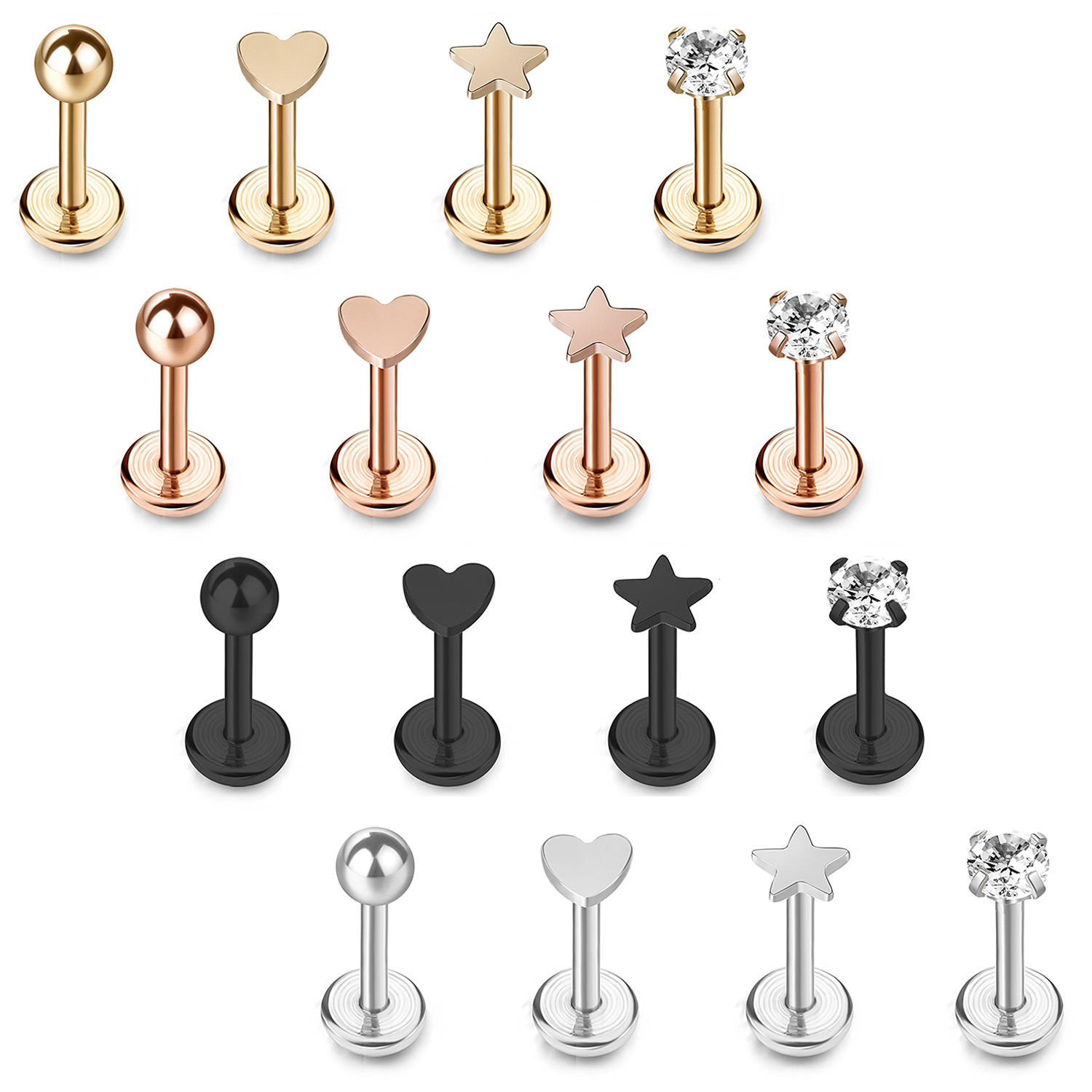 Image of 2d Flat - Jewelrywe 16pcs 16g Labret Studs Stainless Steel Cartilage Tragus Helix Earrings Star Heart Ball Cz Lip Rings Set Flat Back Piercing Jewelry For Women Men Unisex