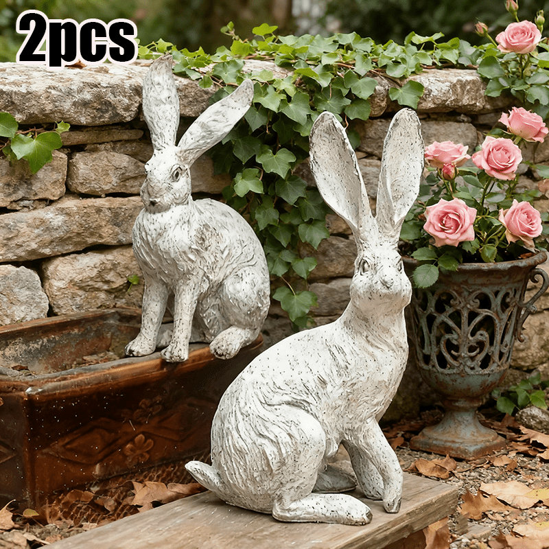 TEMU 2pcs Modern Rabbit Resin Sculptures - Adorable Animal Decor For Gardens, , Indoor/ Outdoor Spaces | Rabbit Design | Detailed Texture