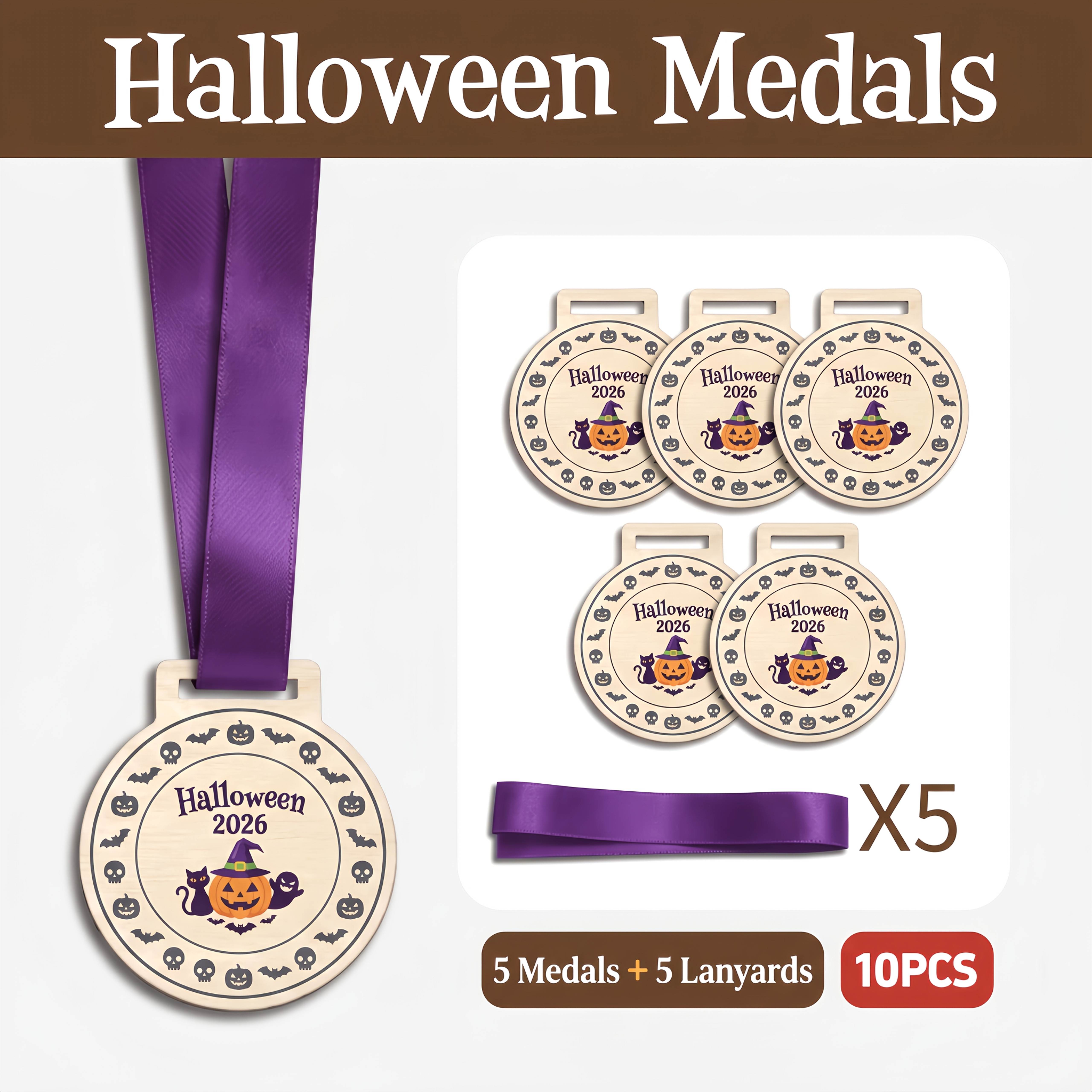 TEMU 5pcs Set Of 2026 Halloween Wooden Medals Featuring Spooky Pumpkin,, Bat, And Black Cat Designs, With Lanyards; Suitable As Small Halloween Party
