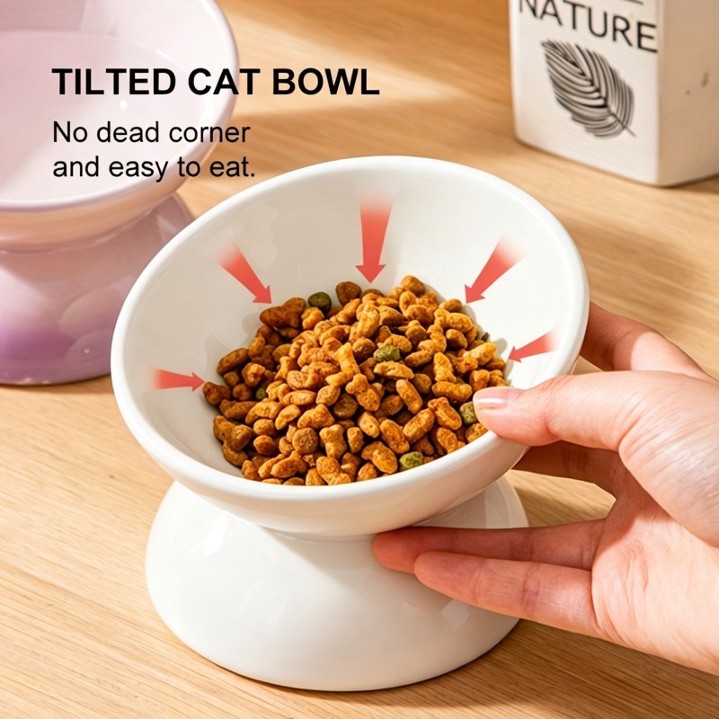 TEMU White Elevated Pet Feeder Bowl, 15° Tilted Cat Bowl, Ergonomic Slanted Design For Comfortable Eating, Suitable For Food, Easy--to--clean Large