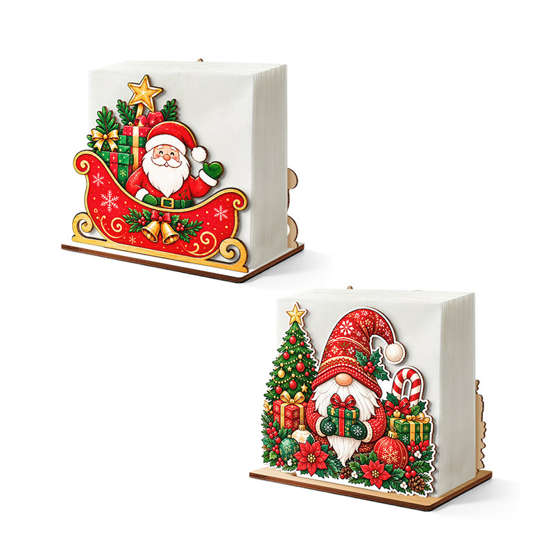 TEMU 2pcs Wooden Christmas Napkin Holder Set, Santa On Sleigh & Gnome Holding Gift Tabletop Tissue Rack, Farmhouse Kitchen Dining Countertop Tissue