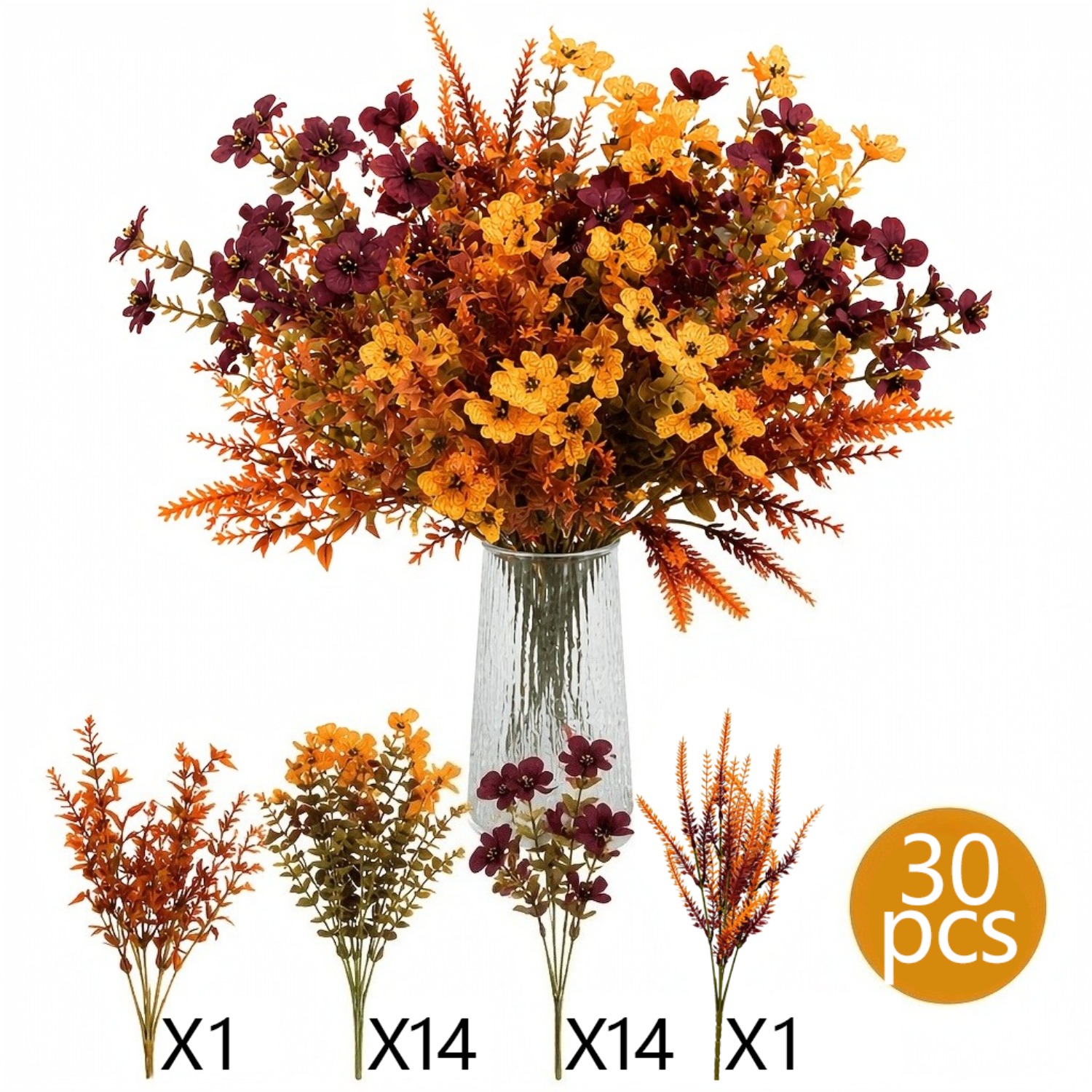 30pcs Pack Of Autumn Artificial Flowers, Including Eucalyptus, Thanksgiving Floral Decor
