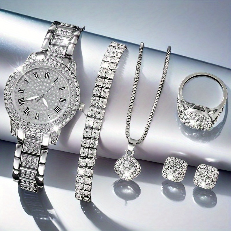 TEMU 6pcs Gorgeous And Fashionable Silvery Quartz Watch, New Silvery Jewelry Set Valentine's Day, Easter, Ramadan, Wedding, Birthday Party, Christmas