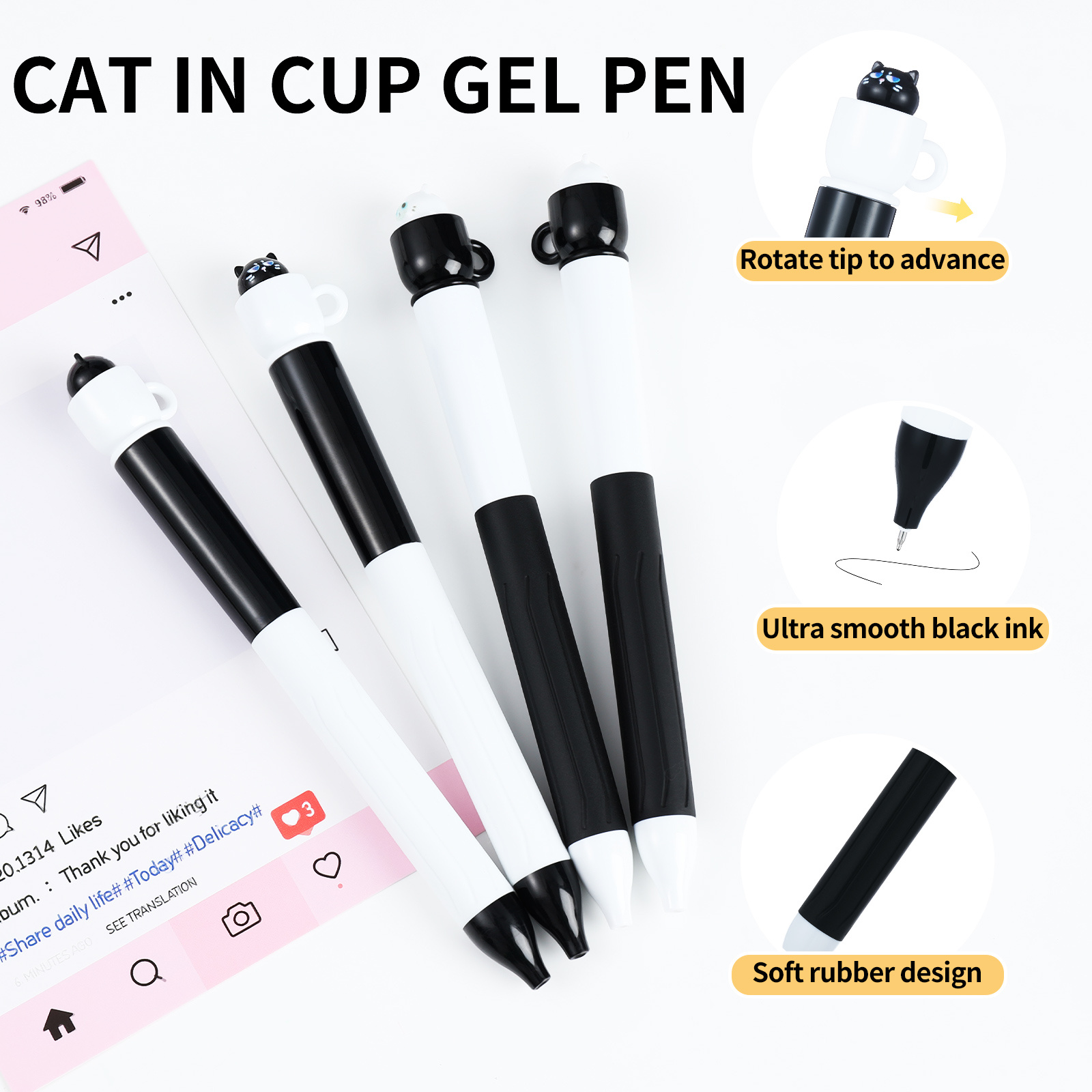 Image of 4pcs Office Stationery Ballpoint Pens Cat Spinning Decompression Neutral Pens