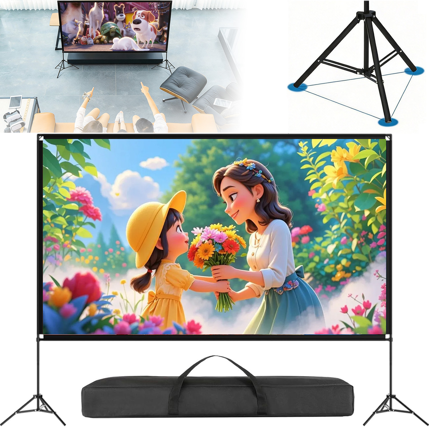 100 Inch Projection Screen Set With Dual Brackets And Complete Additions, 16:9 Screen With Tripods And Storage Bag For Outdoor Camping Wedding