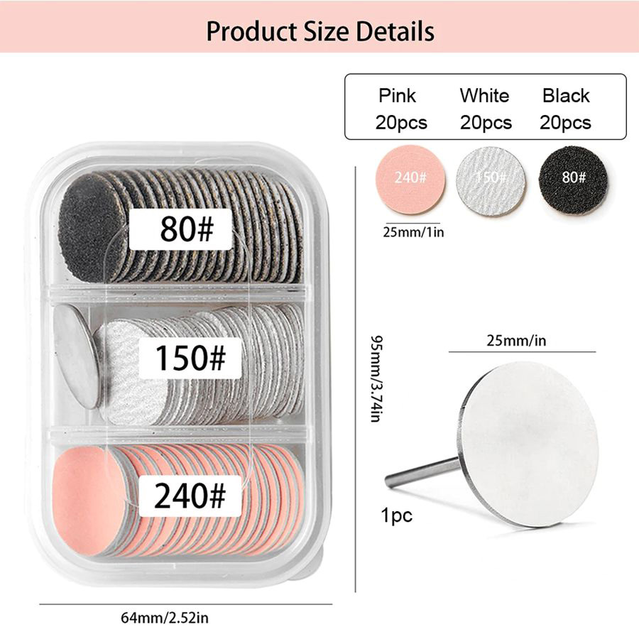 (#80#150#240grit)60pcs Sanding Paper With 1pc Metal Disc Nail Drill Bit 25mm Pedicure Disc Replacement Sanding Discs Bits For Nail Drill Foot Files Electric Remover Dead Manicure Tool Accessories