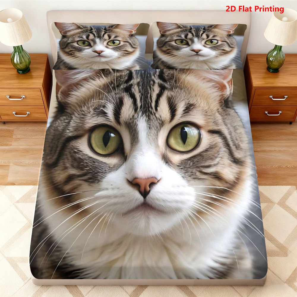 Juego de 3 piezas de sábana bajera a rayas de gato (1 sábana bajera + 2 fundas de almohada, sin relleno), temática de animales, ropa de cama elegante, protector de colchón suave y transpirable, solo estampado plano 2D, plano 2D