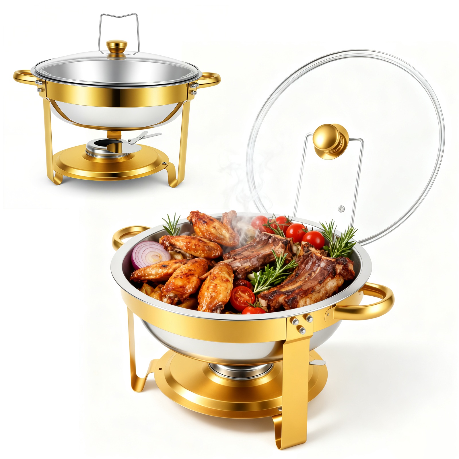 2/4 Pack Round Half Gold Plated 6qt Stainless Steel Chafing Dish With Stainless Steel Lid, Buffet Warmer Set, Cooking, For Home Gatherings, Christmas Parties, Catering Events