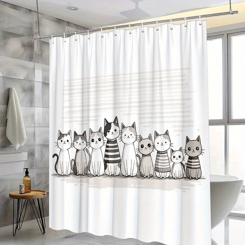 TEMU 1pc Quirky Cartoon Cats With Striped Sweaters And Features Digital Drawing With And Whimsical Style Home Decoration For Bathtub 70.8x70.8inches