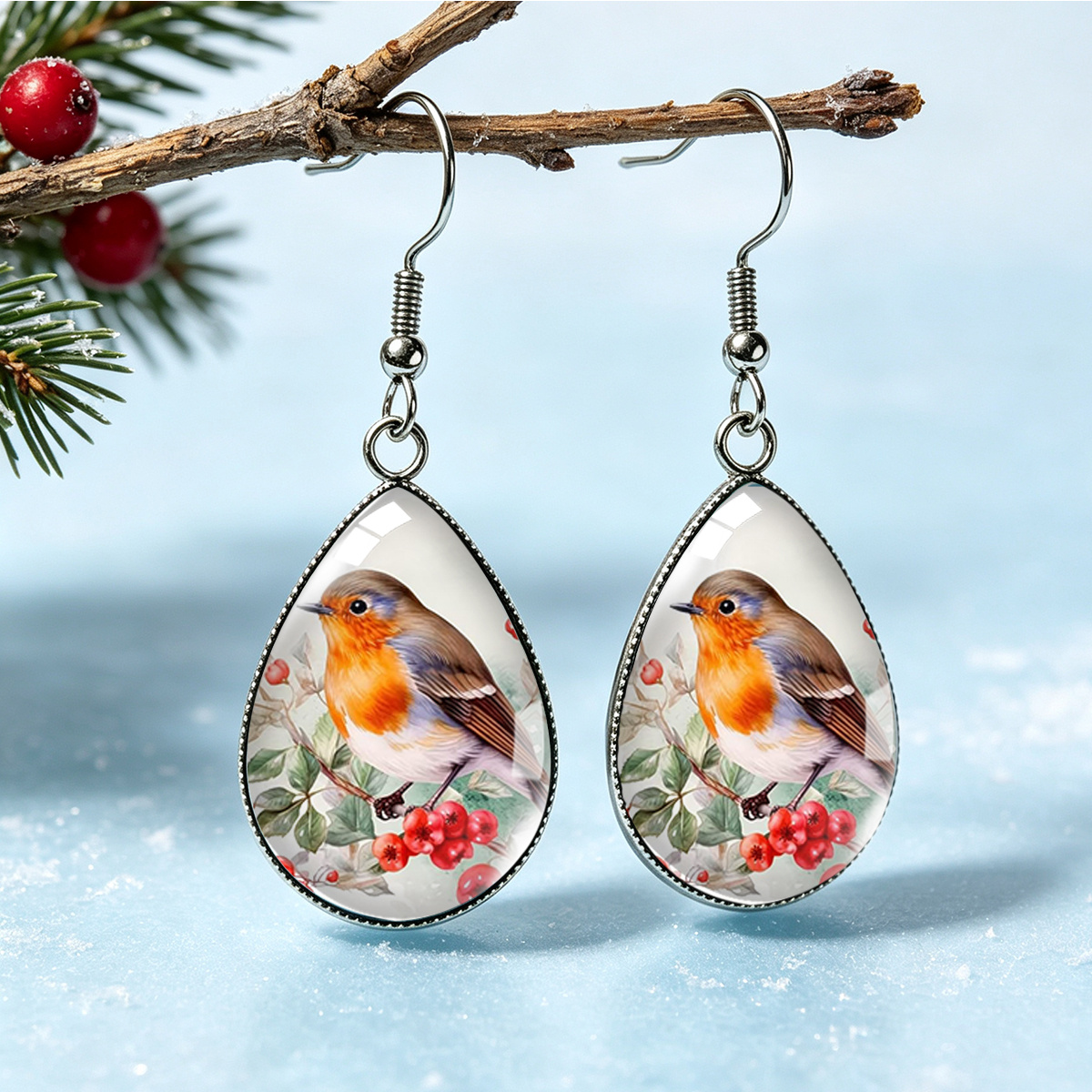 TEMU 1 Paire de Boucles d'Oreilles Pendantes en Acier Inoxydable, Design Floral de Robin Rouge, Bijoux d'Oreilles Unisexe Morandi, Pile