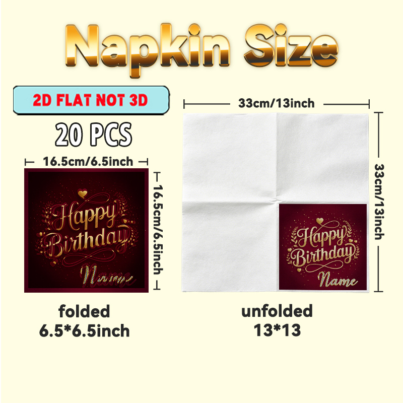 TEMU Serviettes de table 2D plates personnalisées, 20 pièces, élégantes serviettes dorées " Anniversaire" avec "Nom" sur un fond , parfaites pour