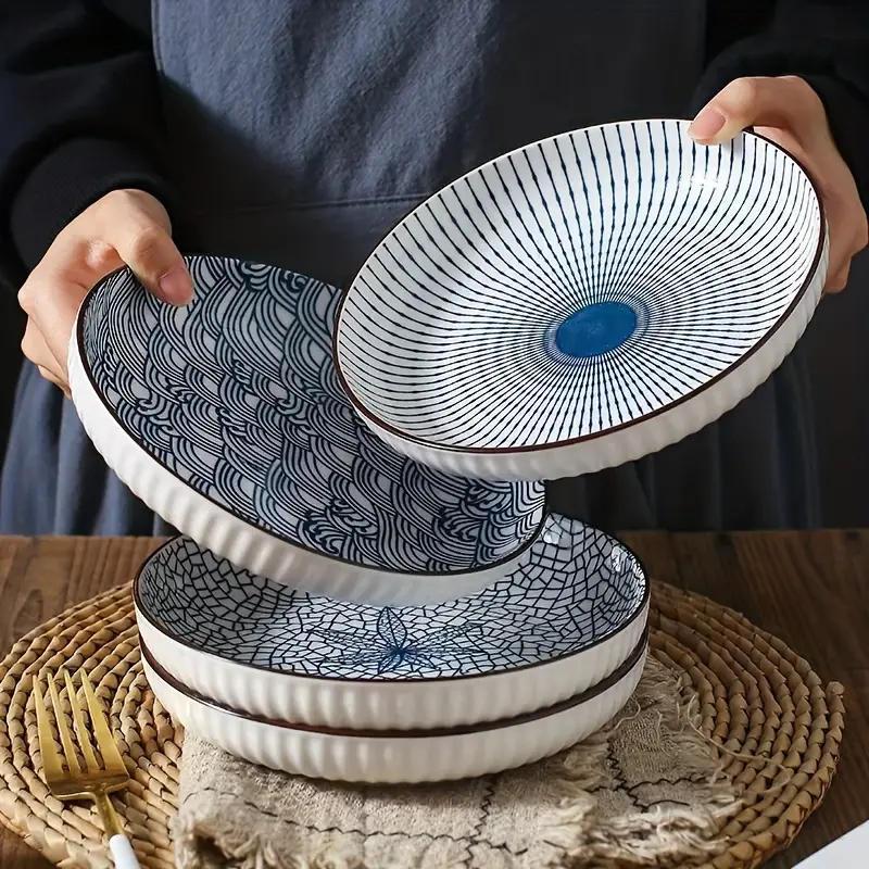 TEMU 4er-Set 20,32 cm Japanische unterglasierte, farbige, runde, tiefe Keramik-Teller, Retro-traditionelles Haushaltsgeschirr, mikrowellengerecht &