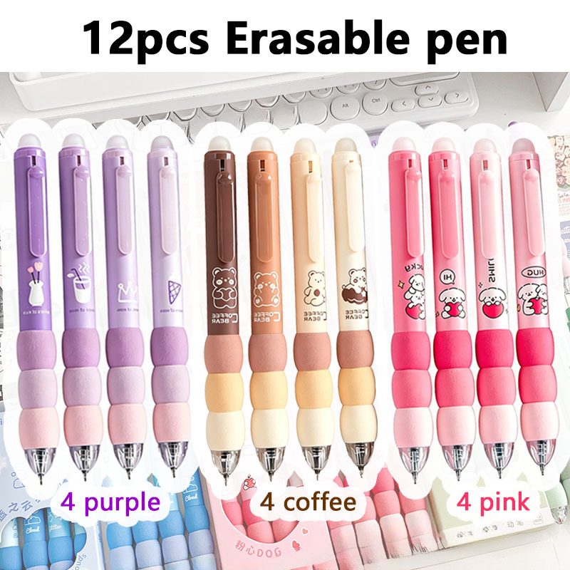 TEMU Lot de 12 stylos gel effaçables esthétiques - Imprimé ours et lapin, ensemble de 3 couleurs (violet, café, rose) Stylos rétractables à pointe