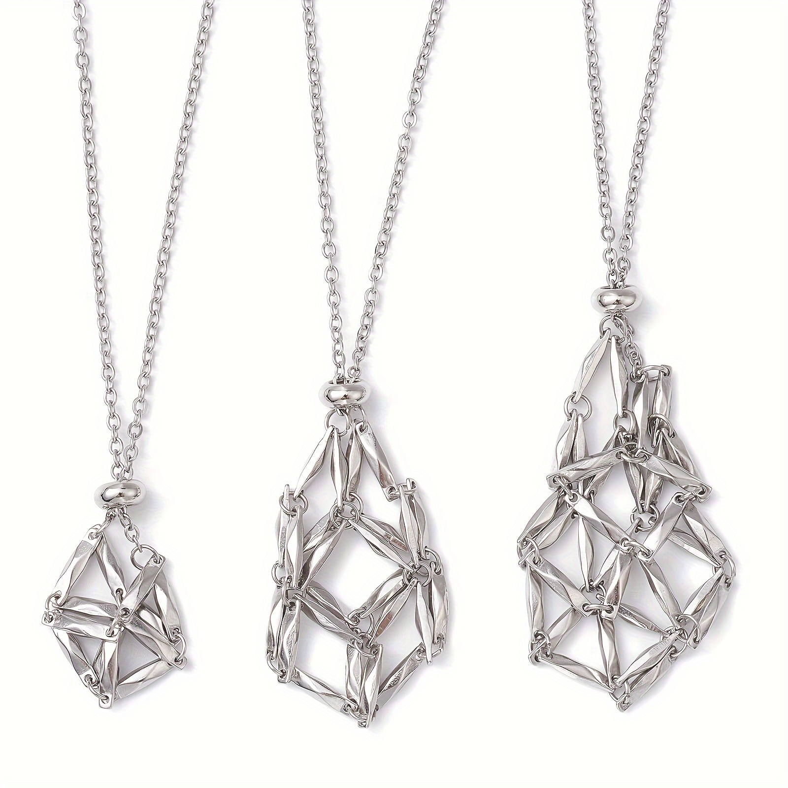 TEMU 3pcs Set, 304 Stainless Steel Macrame Pouch Necklace Kit - Elegant Geometric & Quadrilateral Empty Stone Holder Pendants With Cable Chains &