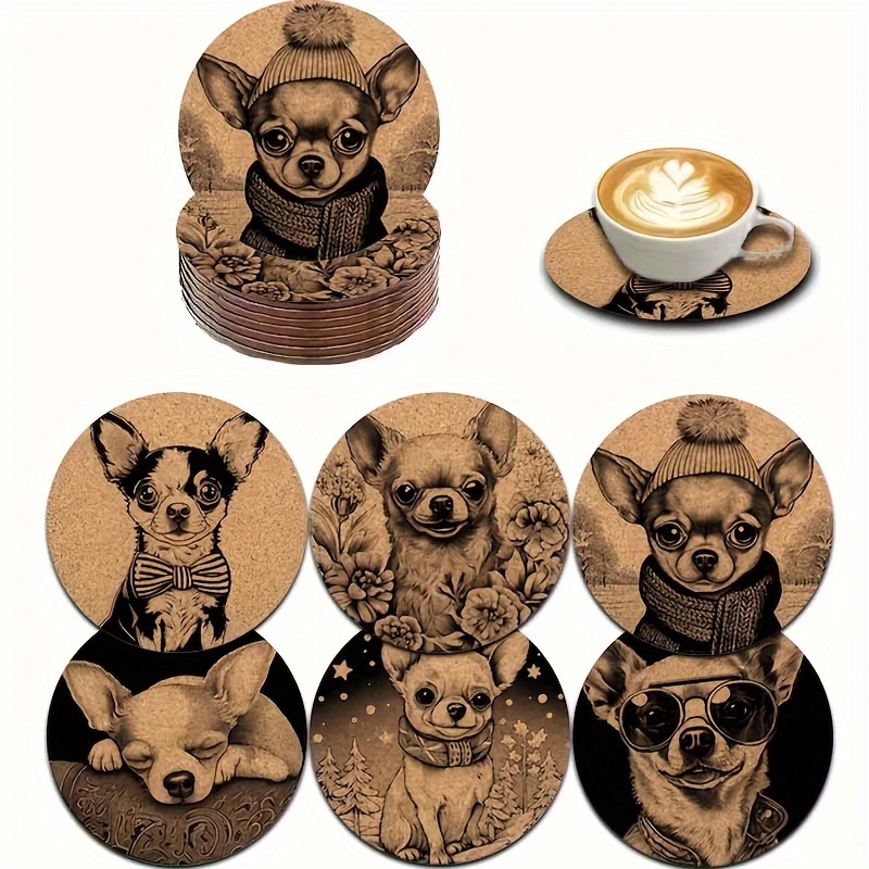 Image of 6pcs Wooden Coaster Set Featuring Puppies, Suitable For Car Cup Holders, Tea Cups, Coffee, And Beverage Mugs; Perfect For Home Use, Dining, Housewarming, And As Gifts For Parents