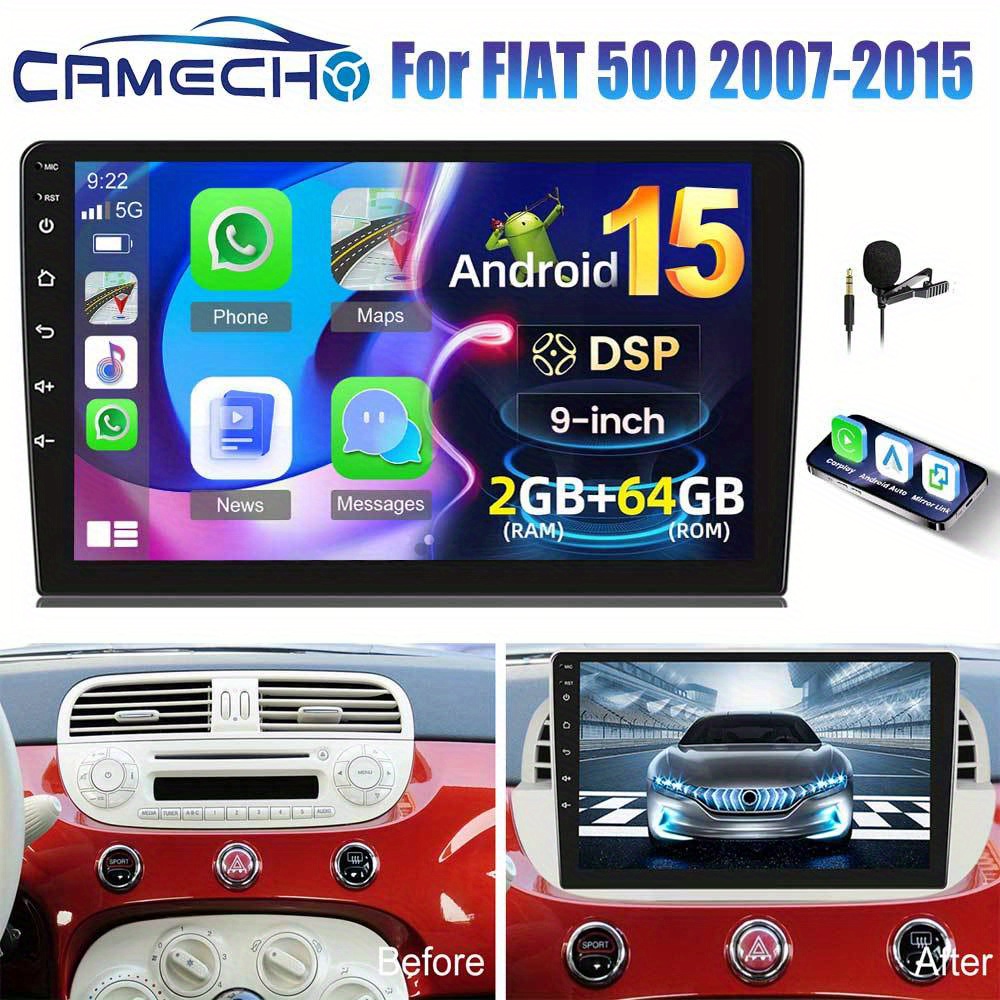 CAMECHO DSP Stereo Radio za FIAT 500 2007-2015 z brezžičnim Carplay, Auto, , [2G+64G] 9-palčni HD IPS zaslon na dotik, vgrajen GPS, B/T, Radio