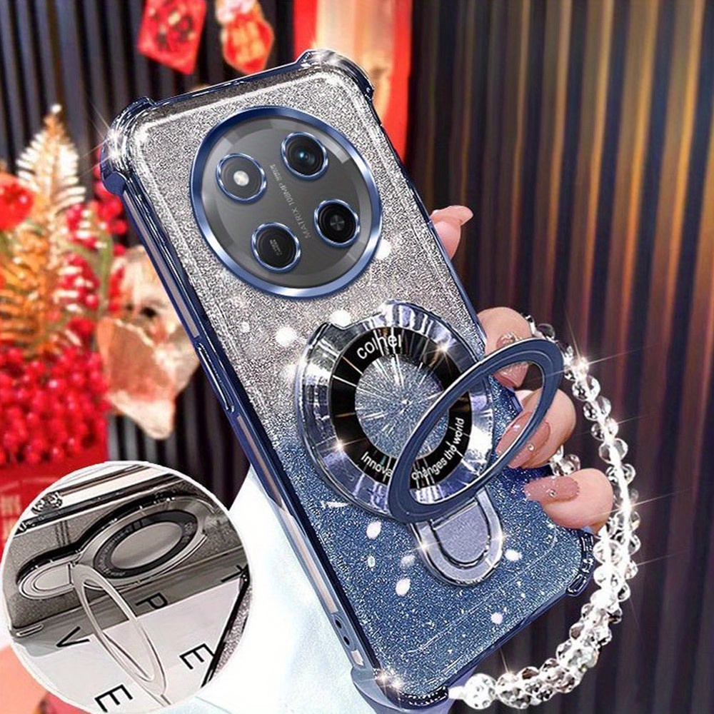 Custodia Per Honor Magic 6 Lite Con Glitter E Anello Portacarte – Cover Morbida In TPU Trasparente Con Supporto Magnetico, Blu - 2