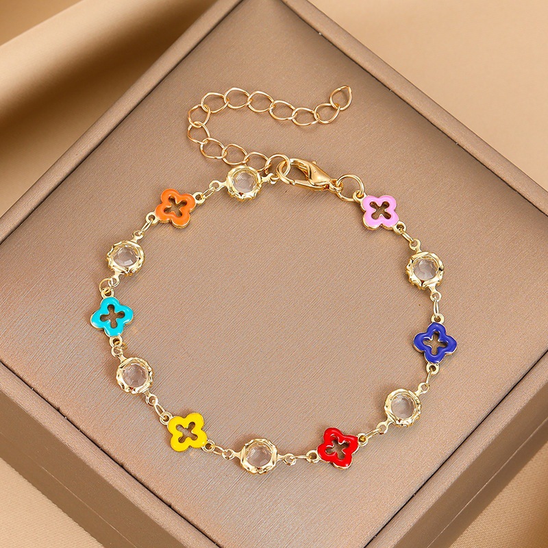 TEMU 1pc Elegant Bohemian Style Colorful Drip Oil Cross Petal Bracelet With Inlaid Synthetic Synthetic Zirconia, A Trendy And Fashionable Exquisite