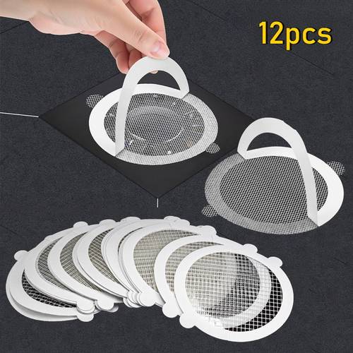item picture 12pcs Disposable Shower Drain Hair Catcher Cover Bathroom Sewer Sink Drain Hair Strainer Stopper Bathtubs Mesh Filter Sticker