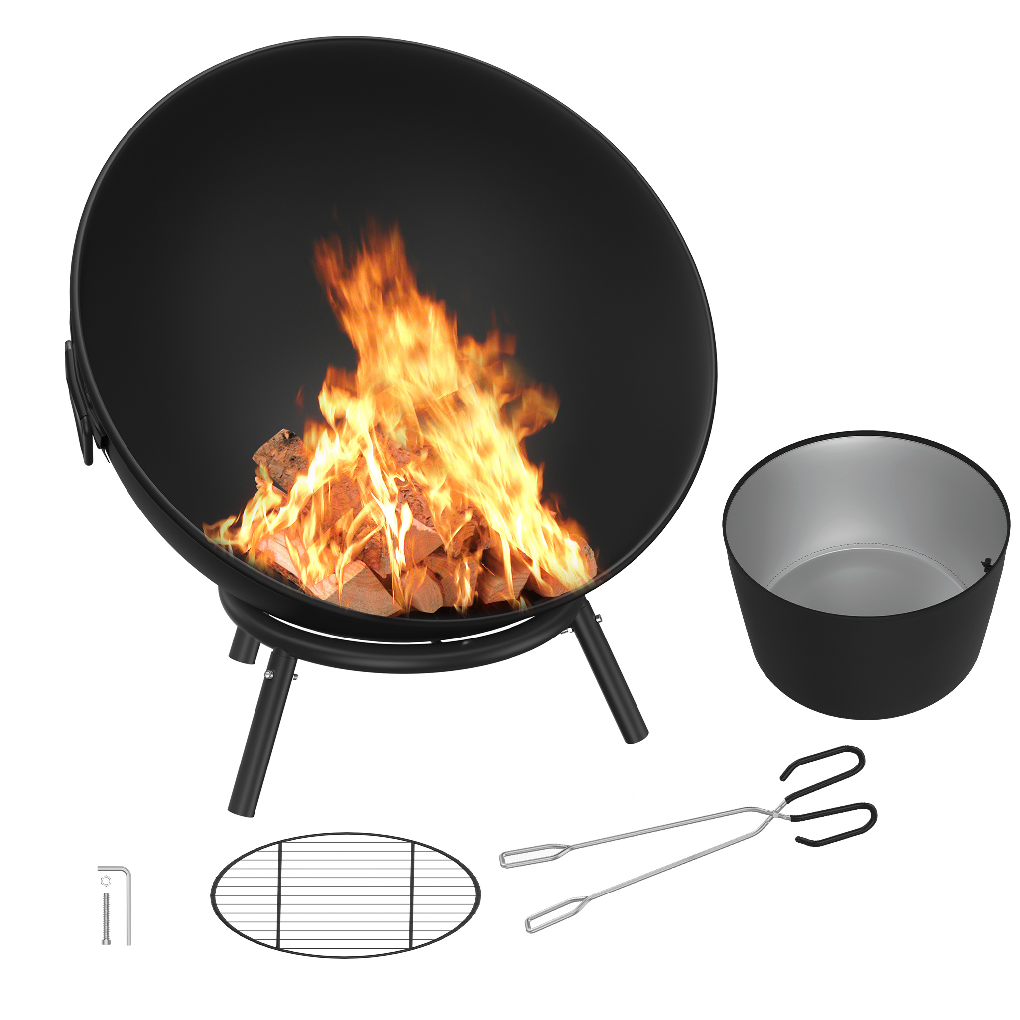 TEMU Fire Bowl 60cm Round Fire Pit With Waterproof Protective Cover Multifunctional Metal Fire Pit For Indoor-outdoor Bbq Heating Wood