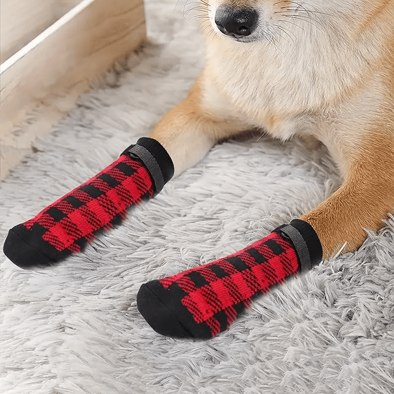 4pcs Lattice Non-slip Dog Socks With Adjustable Fasteners - Durable Polyester Claw Protection For Indoor & Outdoor Use, Checkered Pattern, Fits Small, Medium & Large Dog Breeds
