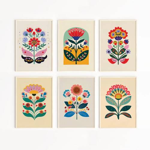 2d flat 2d flat set of 6 scandinavian floral wall paintings vintage swedish danish plant prints unframed horizontal canvas art colorful flowers tulips daisies suitable for living rooms and more