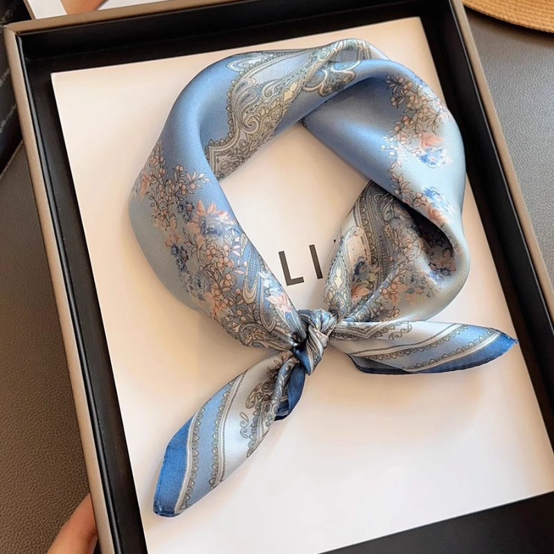 Image of Blue Vintage For Women Fashion Small Square Scarf Versatile Women Neck Scarf