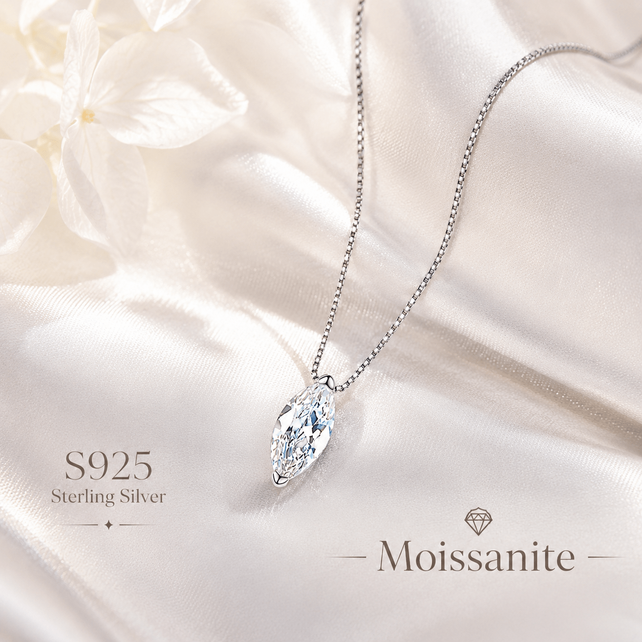 S925 Sterling Silver Moissanite Pendant Necklace, Lightweight