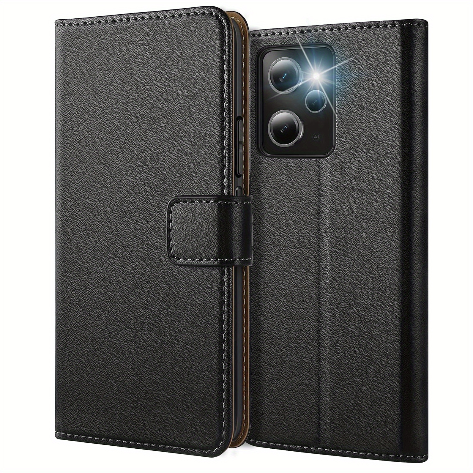 TEMU Phone Case - Black Faux Leather Flip Protective Case Cover For Xiaomi Redmi 12 4g, Featuring A Wallet And Kickstand