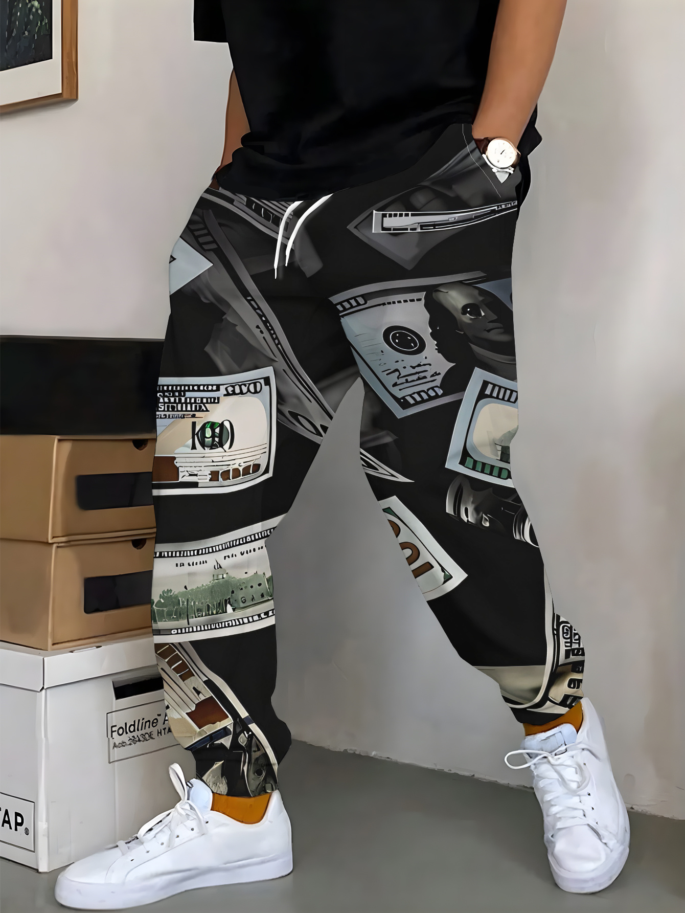 Men'S Fashion Print Sports Pants with Drawstring and Pockets | Casual Comfortable Elastic Polyester, Featuring Flying Dollar Bills on Black Background, Ideal for Weekend Casual and Outdoor Activities