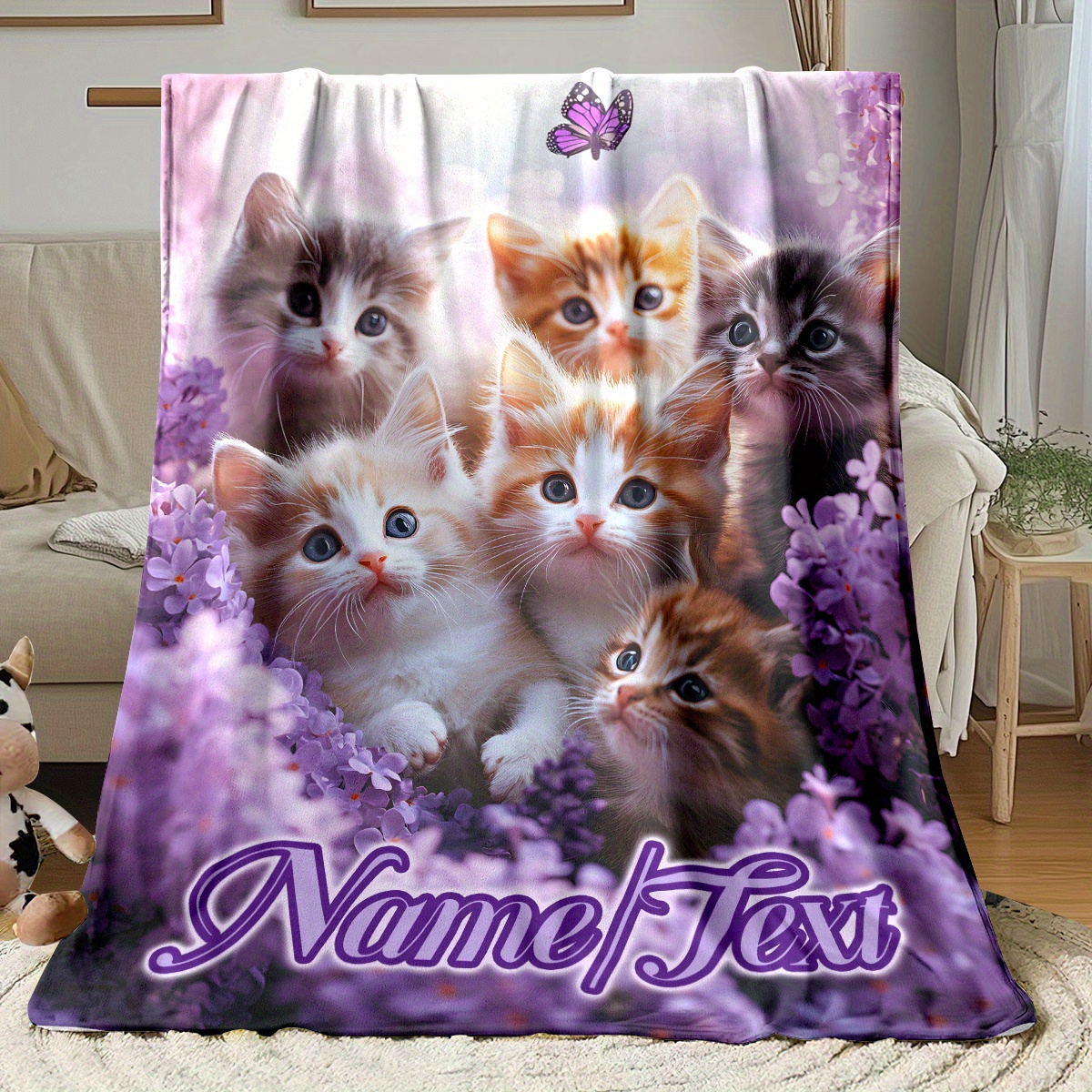 TEMU Personalized 1pc Custom Name, Adorable Cat, Kitten, Flower, Design Outdoor Blanket - Versatile And Sturdy Camping Blanket - Ideal For Napping,