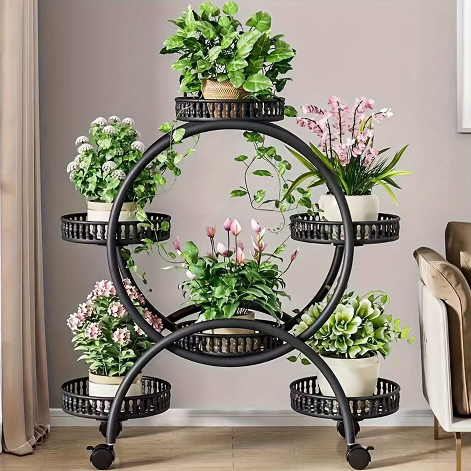 TEMU Black Metal 6- Tier Plant Cart Stand - Stylish, Durable, Portable | Holds 18. 3 Lbs Each, 29. 5 Tall, Ideal For Indoor/ Outdoor Patio, Porch,