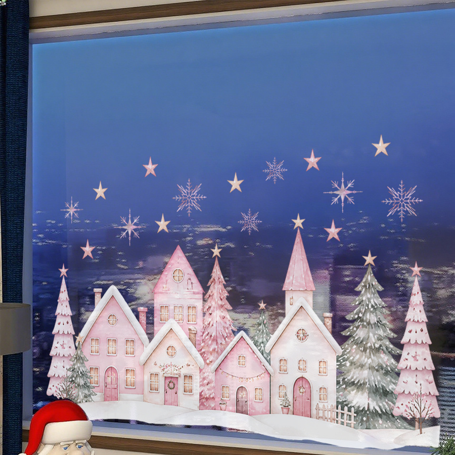 TEMU Autocollant pour fenêtre Village de Noël rose, décalcomanies enneigée, Pin, Étoile, de neige, colle, résidu, décoration de Noël pour vitre de