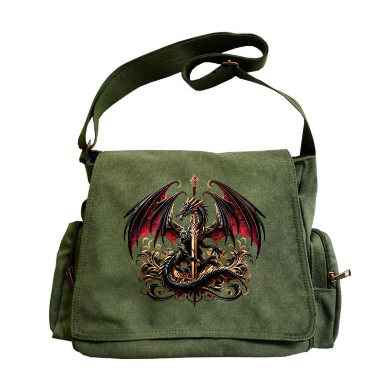 TEMU Women's Large Capacity Gothic Dragon & Sword Crossbody - Dark With Golden-tone Hardware, Adjustable Strap & Zipper Closure