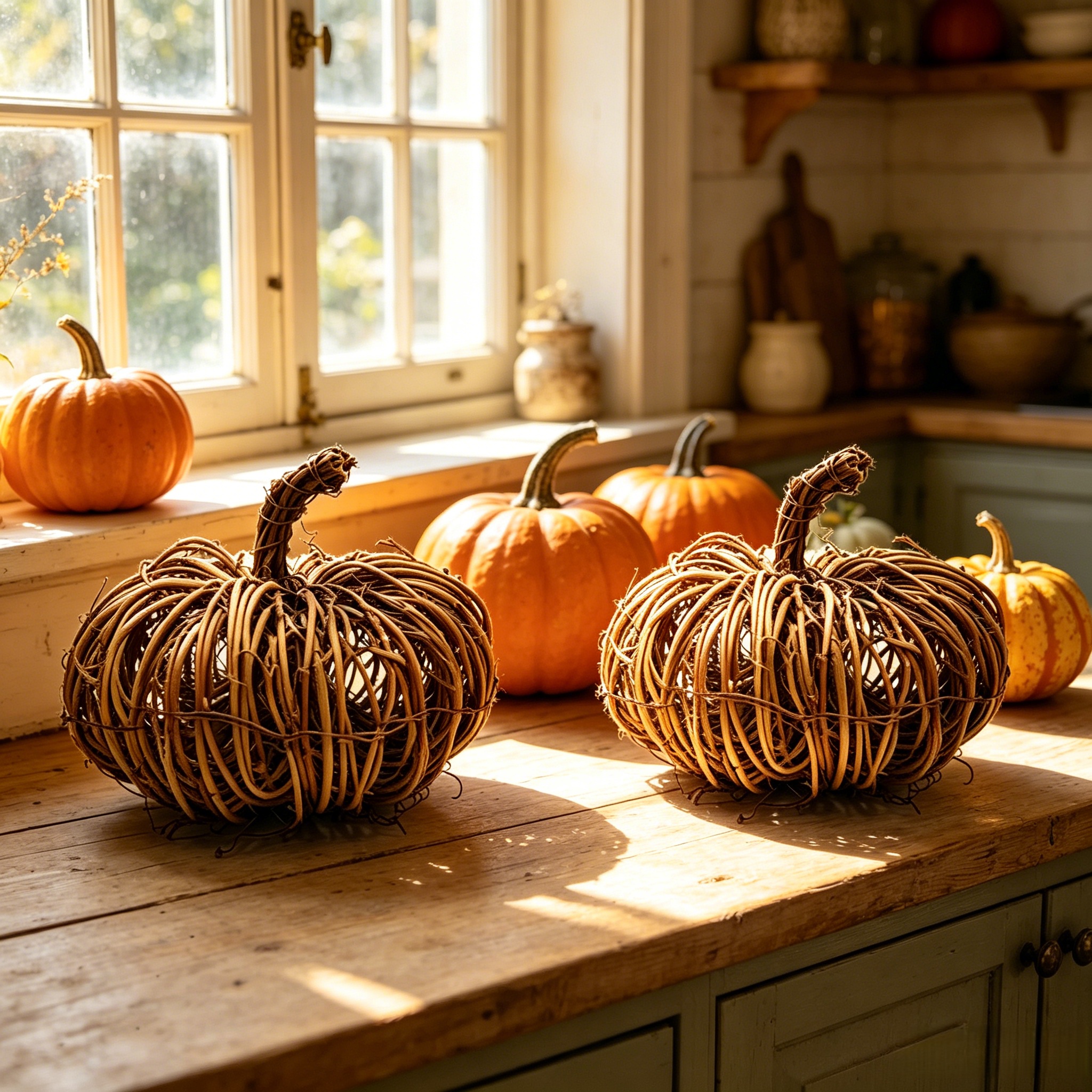 Image of 2pcs Rattan Pumpkin Ornaments, 5.5-inch Country Farmhouse Style, Suitable For Festival, Halloween, Thanksgiving Decoration, Table Decorations, Wreath Additions, Wedding Decoration, Handmade, Gift