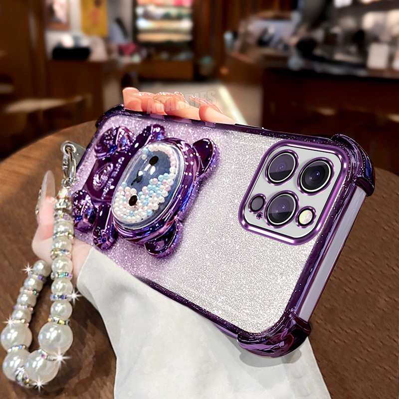 TEMU Phone Case - Cute Phone Case With Glitter Lanyard Wrist Strap, Featuring A Quicksand Bead Bear Bracket And A Folding Stand Holder. It Luxury