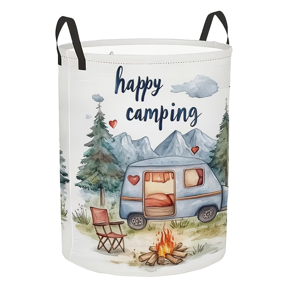 TEMU 1pc Foldable Laundry Basket Suitable For Rvs, Cabins & Campers - - Round Hamper With Pine Tree Pattern, Sturdy Handle For Hanging/carrying,