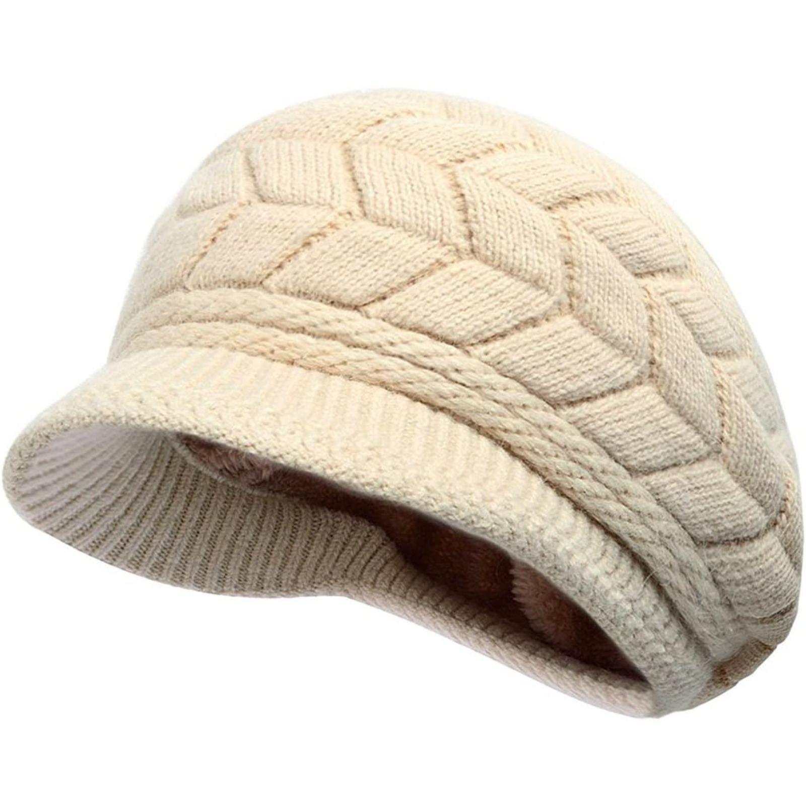 

Bonnet de Ski Tricoté Chaud pour Femmes avec Visière - Polyester Respirant, Design à Motif Diamant Beige, Rabats d'Oreilles Pliables pour Temps Froid, Lavage à ou