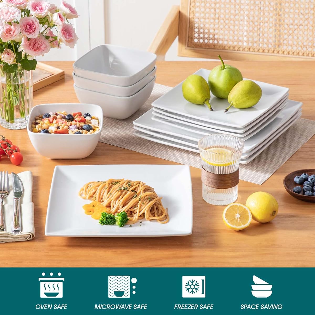 12pcs soho dinnerware sets | white stoneware square place setting, dinner plate, dessert plate, bowls service for 4 | Free Shipping On Items Shipped From Temu | Temu