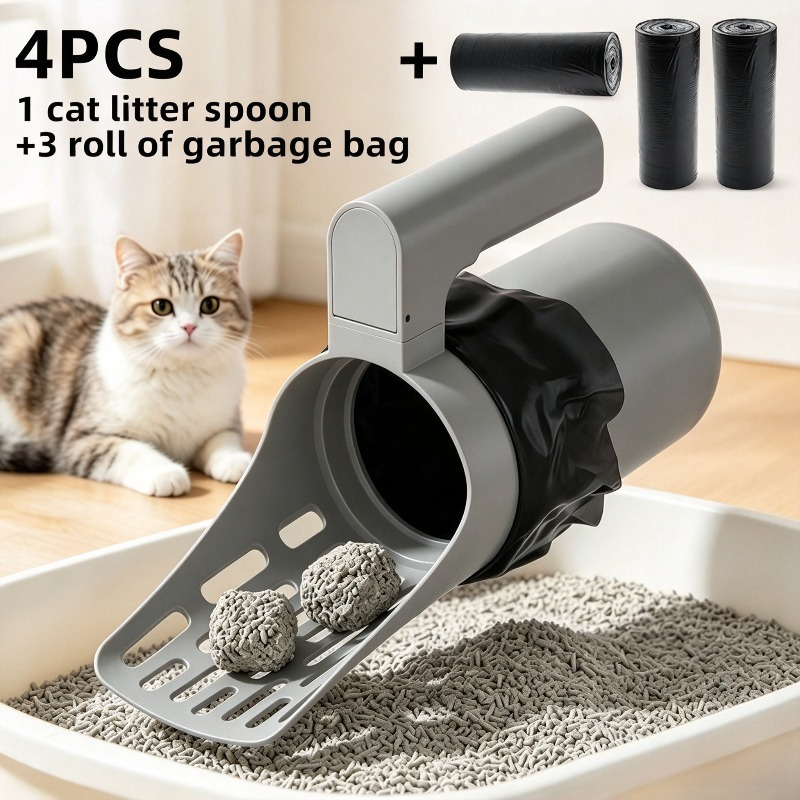 TEMU A 4pcs Set Of Portable Cat Litter Filter Shovel With Garbage Bag Storage, Including A Cat Litter Shovel And 3 Rolls Of Garbage Bags. To Hold The