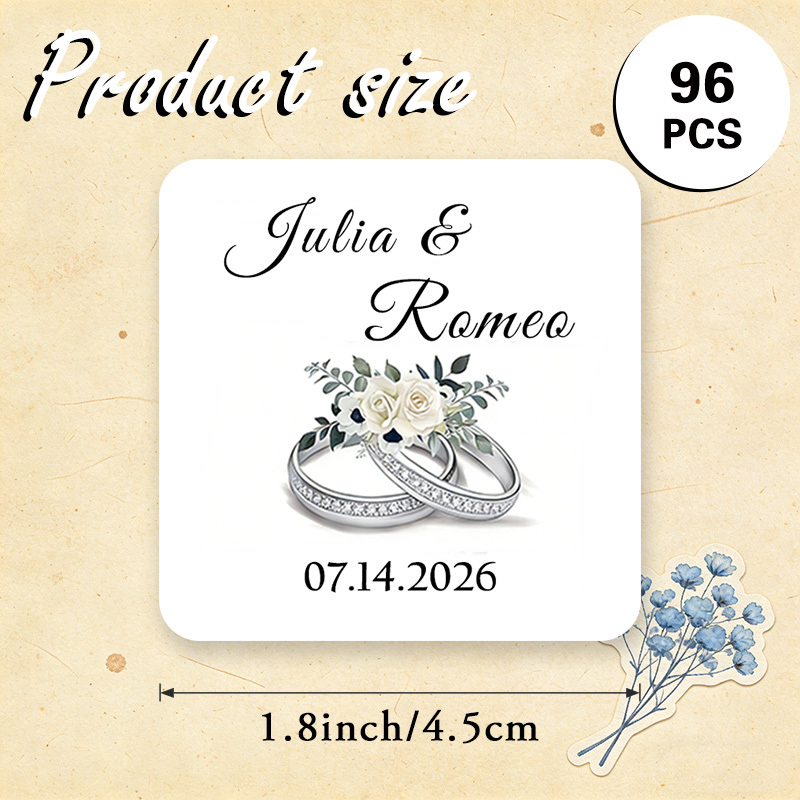 TEMU Personalized Wedding Square Stickers In Sets Of 48 Or 96, Featuring An Elegant Design With A Ring And White Rose. Ideal For Wedding Favors, Gift