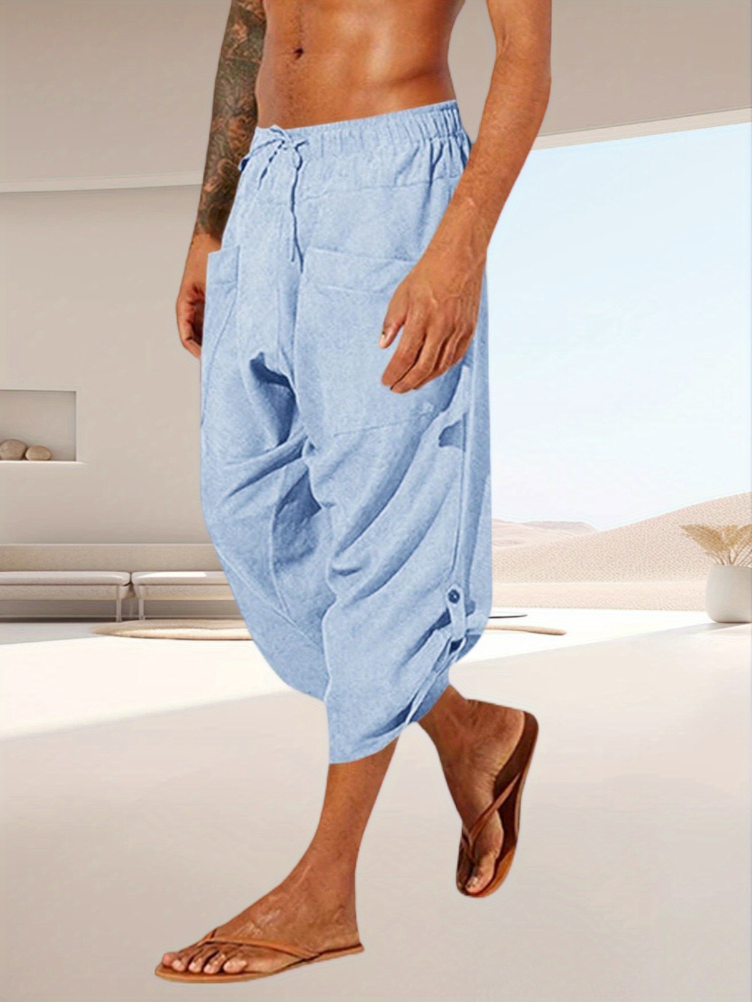 mens linen harem capri pants drawstring 3 4 shorts casual   hippie thai pants