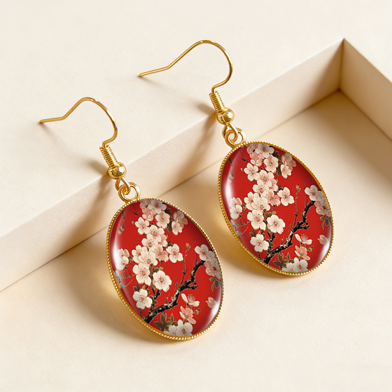 Women's Chinese Plum Blossom Art Dangle Earrings, Golden Oval Design