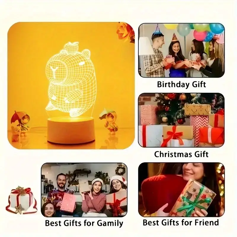 adorable 3d capybara night light usb powered bedside lamp suitable for bedroom living room office desktop decoration no batteries needed eye friendly warm gift for modern decoration plastic material switch control lighting Product details 1