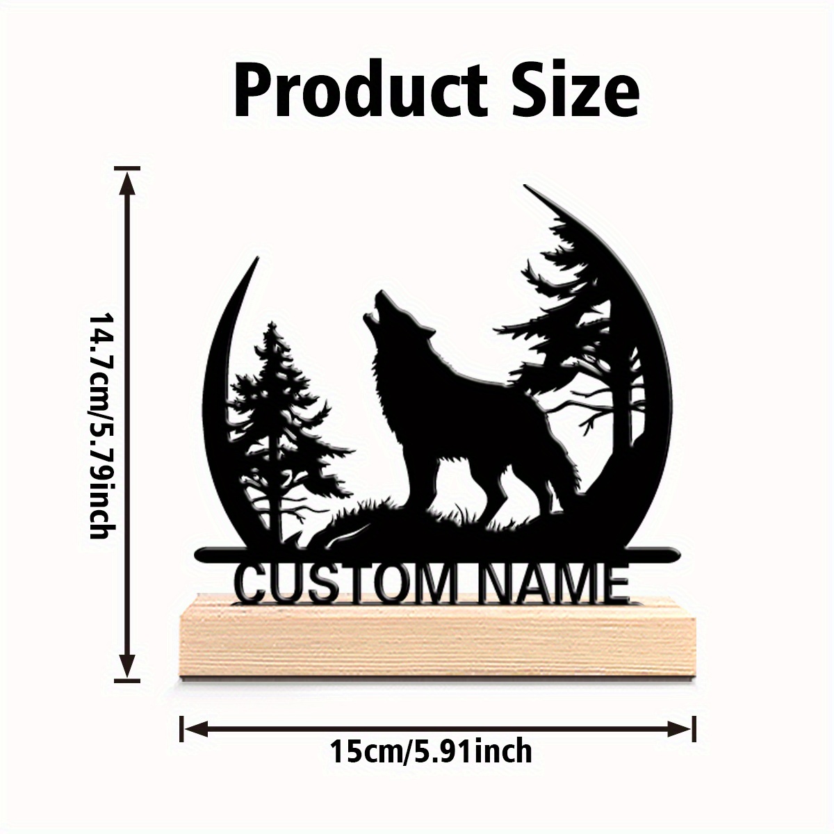 TEMU A Personalized Wolf Metal Statue - Custom Name, Elegant Black Wolf With Pine Trees, Sturdy Wooden Base - Home Office Decor, Perfect Gift For On